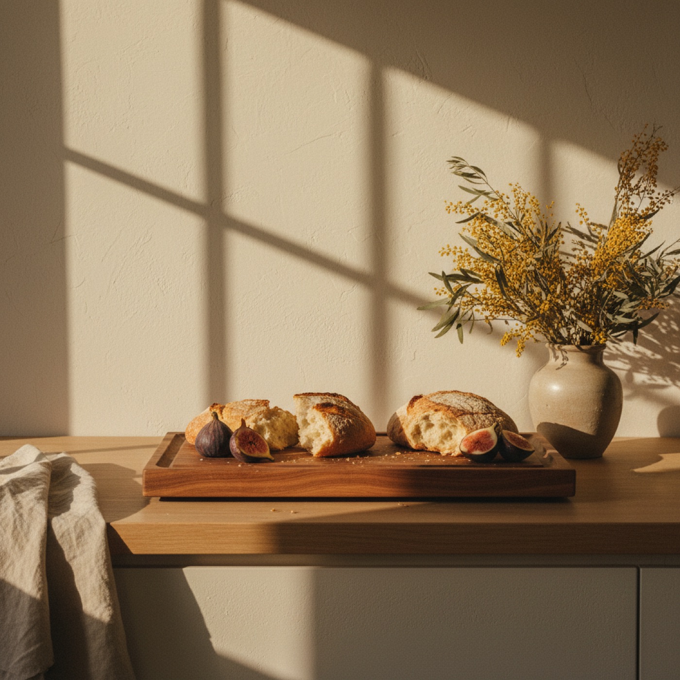 A long hardwood grazing board on a limewash kitchen bench, late afternoon light
