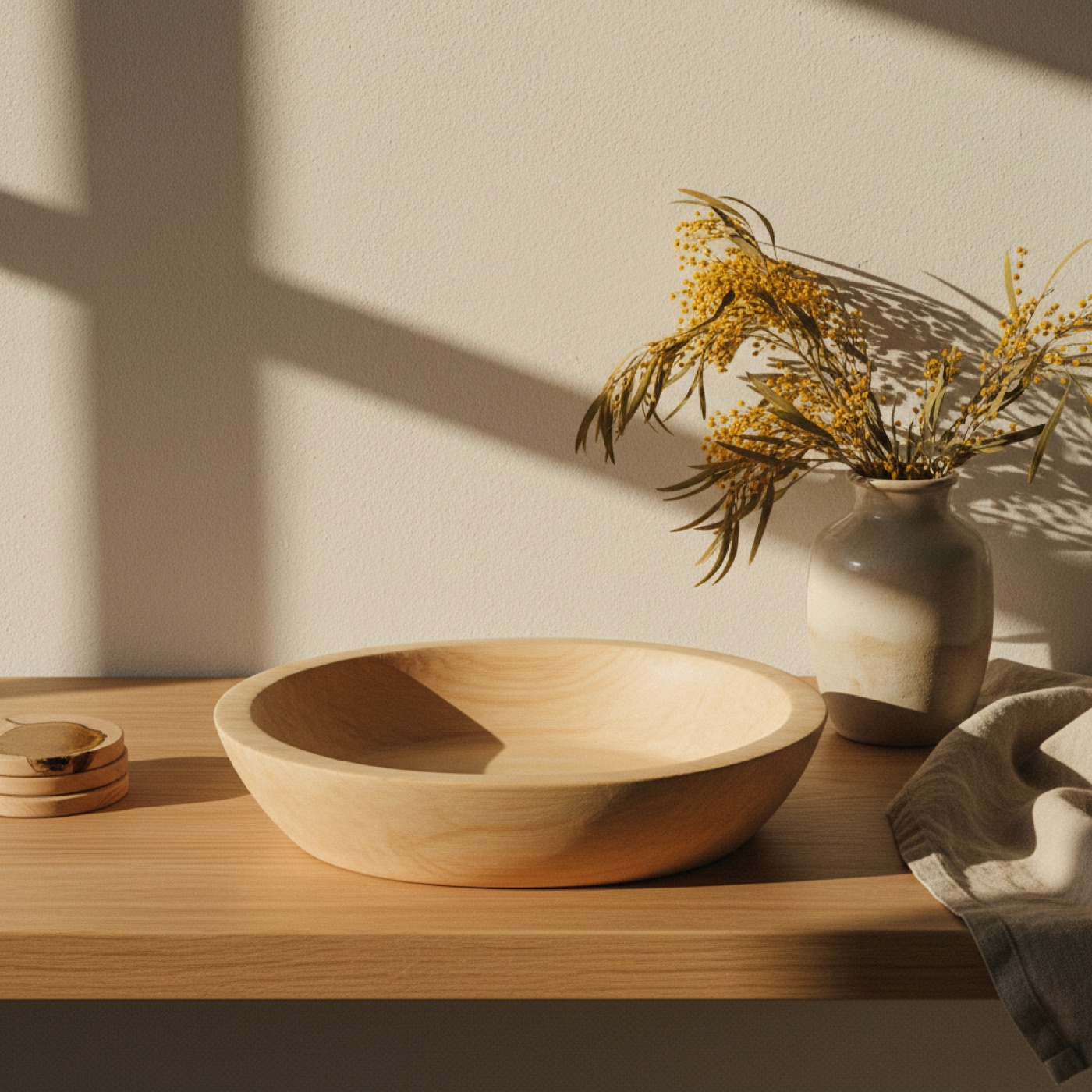 A wide shallow bread bowl carved from one piece of pale timber